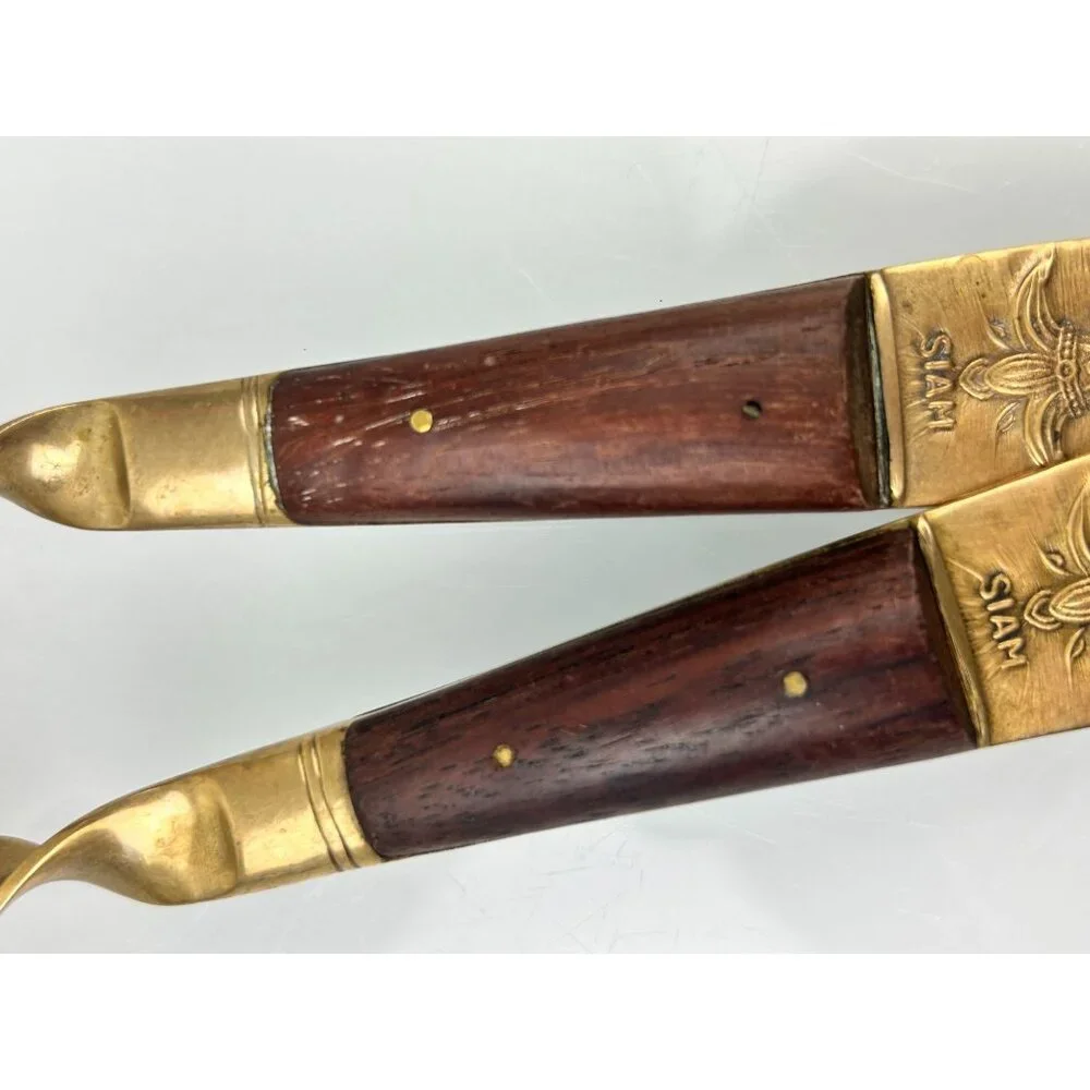 MCM Siam Gold Tone Serving Fork & Spoon Wood Handle Twist Buddha Unique Vintage